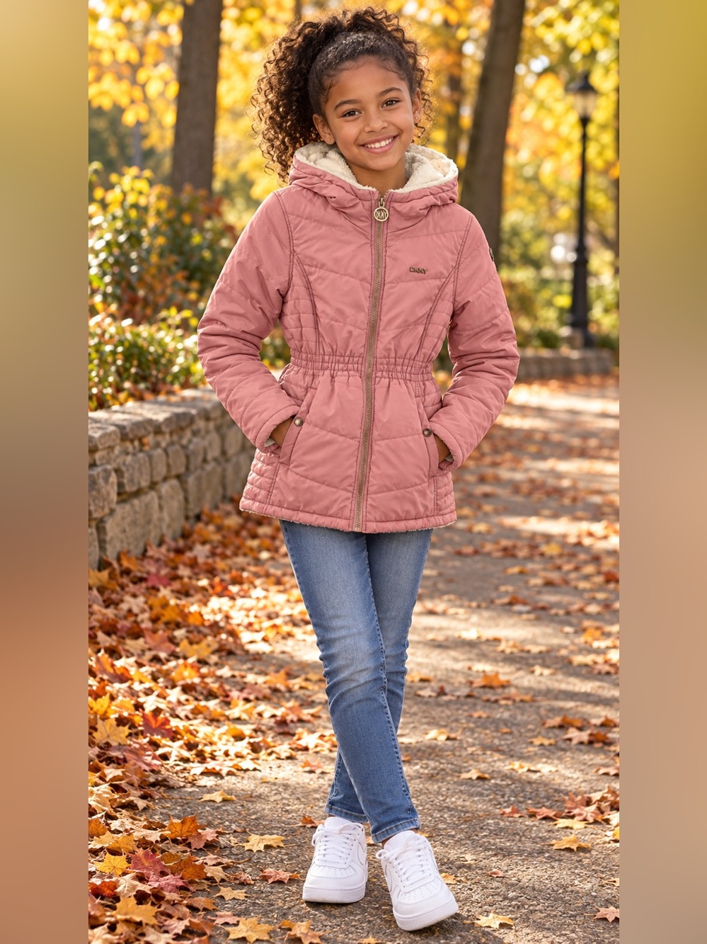 DKNY Girls 10/12 Reversible Pink Puffer Ivory Faux Fur Hooded Jacket